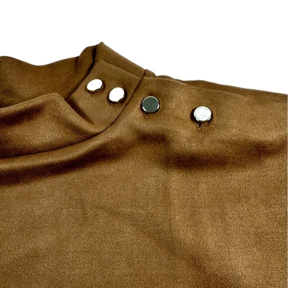 Ann Taylor Faux Suede Shoulder Button Mock Neck Short Sleeve Top | Size M Petite - Picture 3 of 9